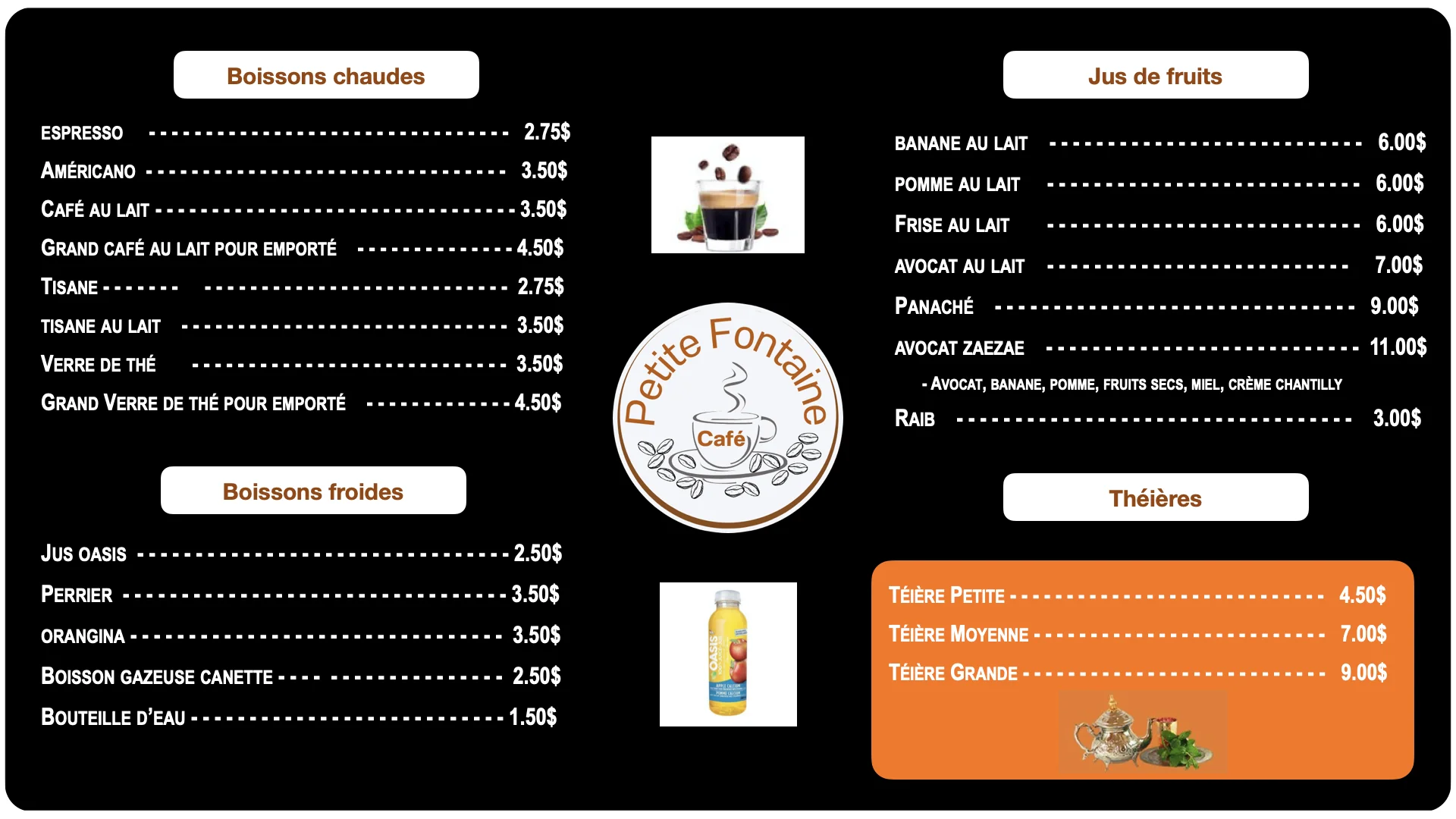 Notre carte des boissons